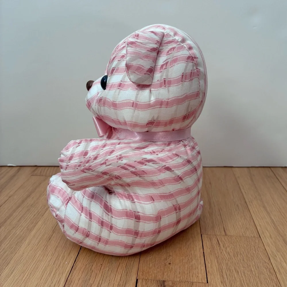 NWOT Saks Fifth Avenue Vintage Pink/White w/It. tan Striped Bear, stuffed muslin